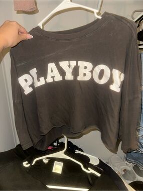 PLAYBOY Black Cropped Graphic Sweatshirt with White Logo